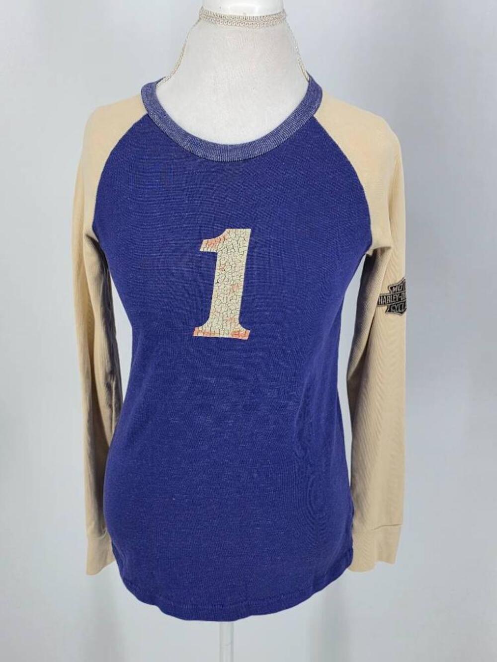 Harley-Davidson Women's Blue Tan Raglan Long Sleeve Shirt Vintage Look - Medium